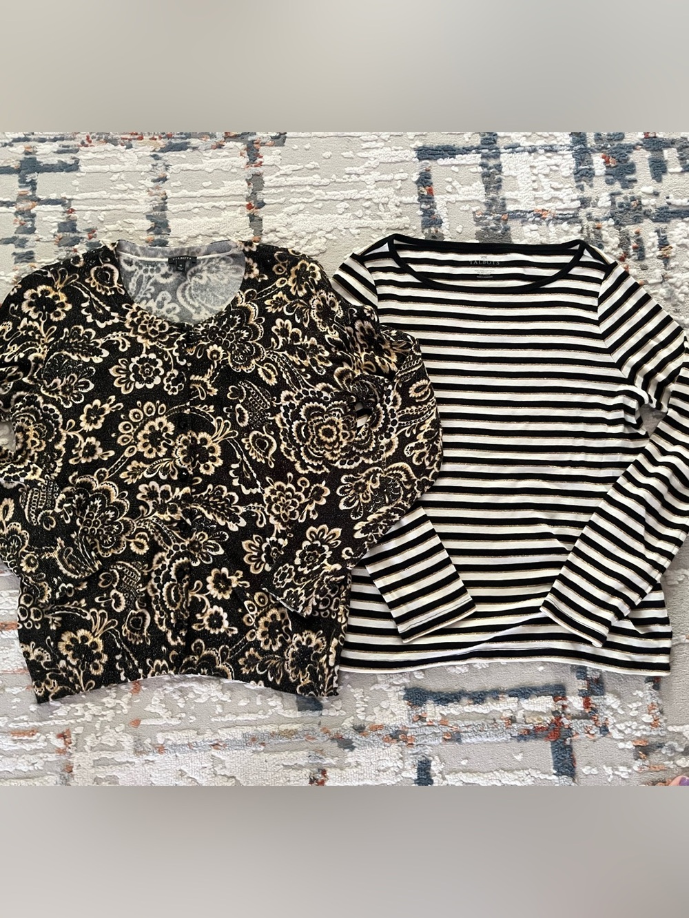 Talbots Black & Gold Floral Sweater and Striped Long Sleeve Tops - Set of 2